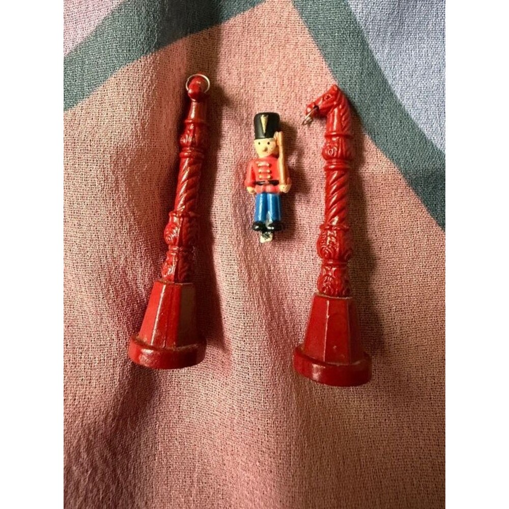 Vintage Lot 3 Mini Charms - 2 Red Metal Horse Hitching Post + Toy Soldier Guard